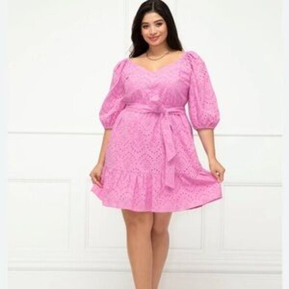 Eloquii Dresses & Skirts - ELOQUII Elements Women’s Belted Eyelet Dress Puff Sleeve Mini Dress Plus Size 18
